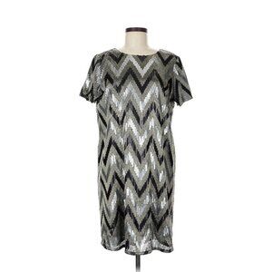 MICHAEL Michael Kors Metallic Sequin Short Sleeve Shift Dress 8 Black Silver